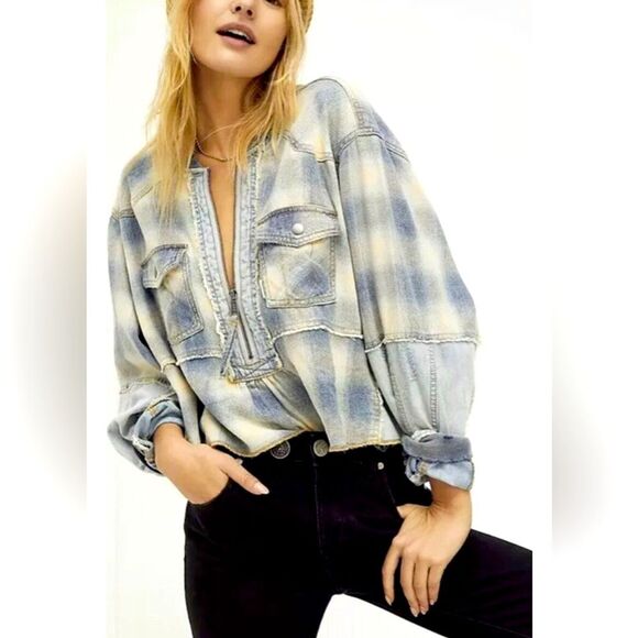 Free People We The Free Leon Plaid Flannel Denim Pullover - Picture 1 of 15